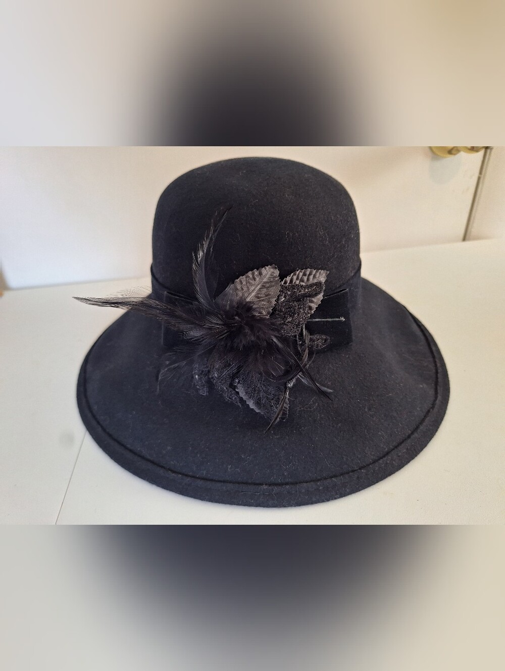 Vintage Betmar Black 100% Wool Feather & Leaves Accent Women's Hat
